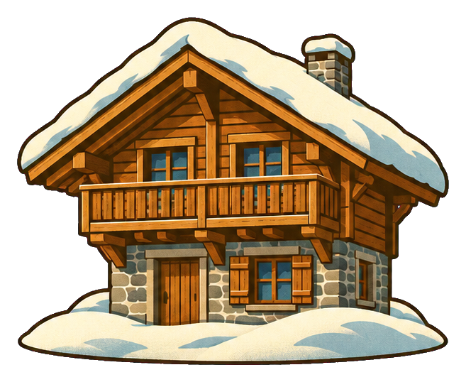 Illustrated alpine chalet with snow-covered roof and wooden balcony, isolated on transparent background.