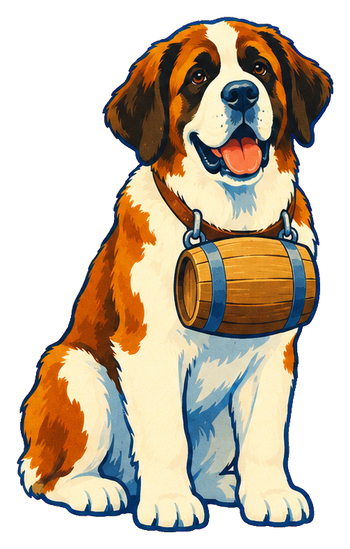 A smiling Saint Bernard wearing a wooden barrel, sitting on a snowy blue outline