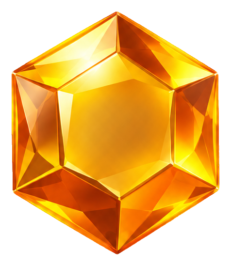 Faceted amber hexagon gem with a shiny 3D cartoon look