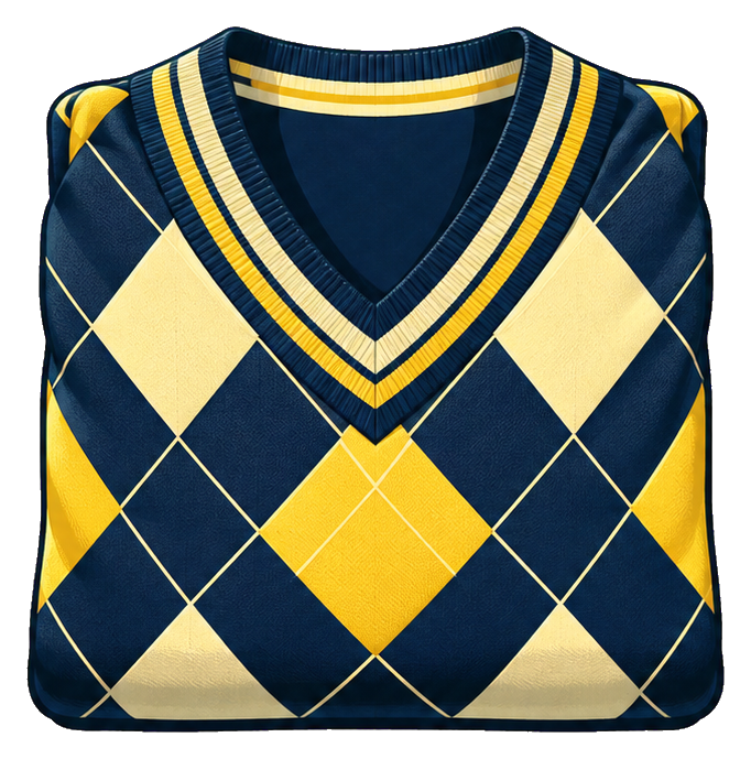 Yellow and navy argyle golf sweater graphic with a V-neck collar.