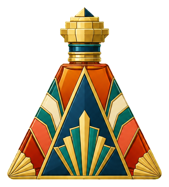Art deco amber perfume bottle with gold cap and geometric blue and orange design