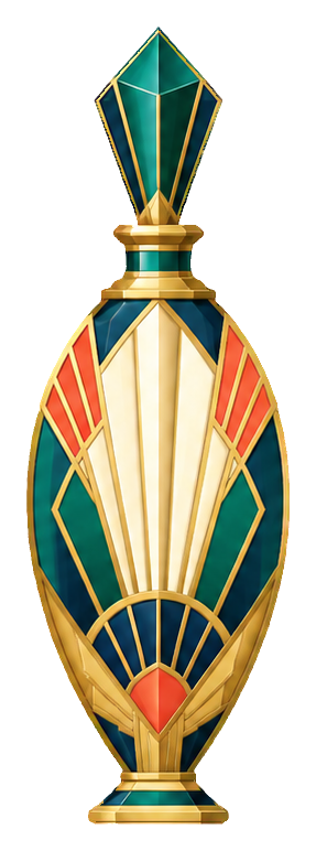 Art deco perfume bottle with gold accents and a tall lozenge-shaped stopper