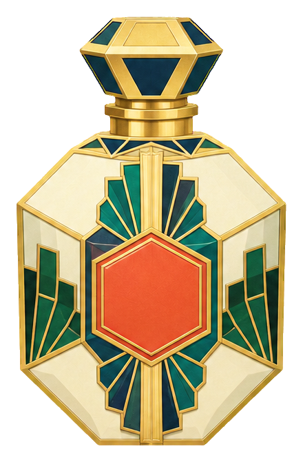 Art deco perfume bottle with gold trim and cream hexagon shape
