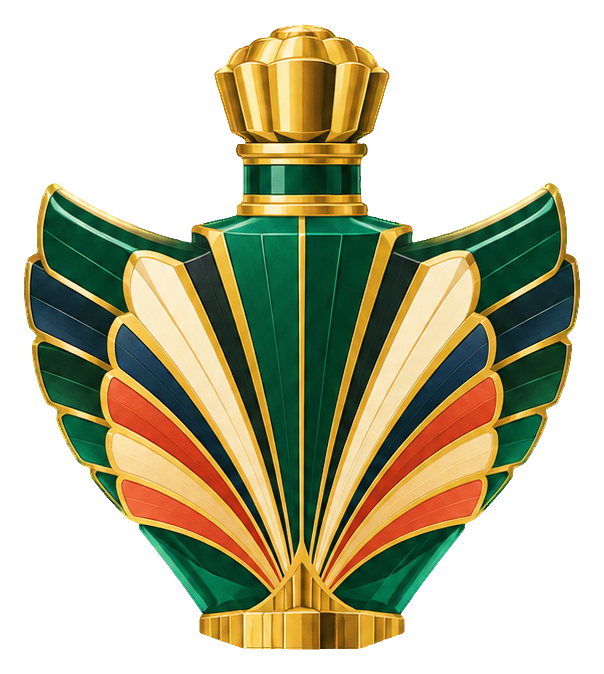 Art deco perfume bottle with emerald green wings and gold details