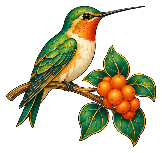 Elegant hummingbird perched beside a berry branch with green leaves.
