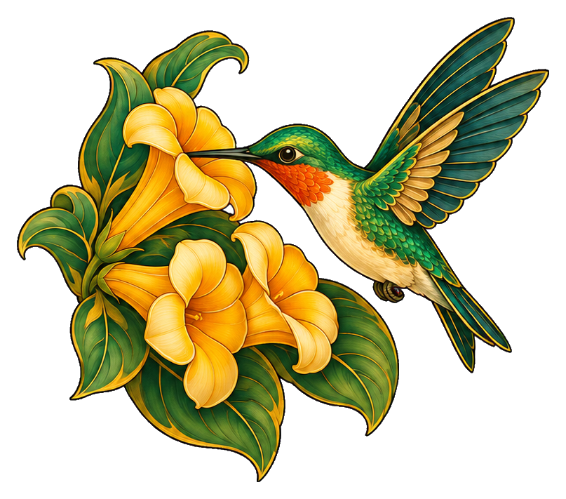 Green hummingbird hovering beside yellow honeysuckle flowers with art nouveau styling.