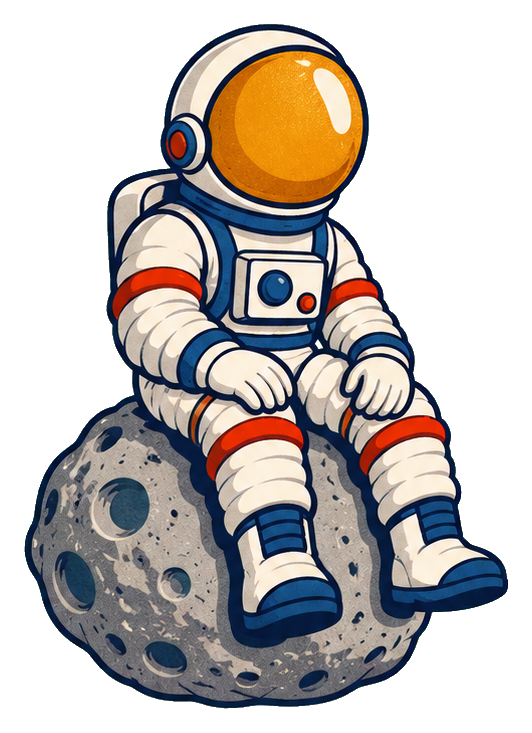 Retro astronaut sitting on a cratered moon rock in space