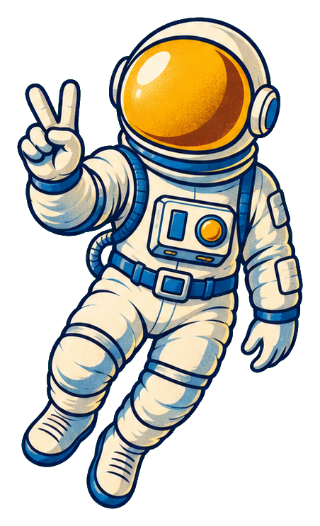 Cartoon astronaut floating and holding up a peace sign with one hand