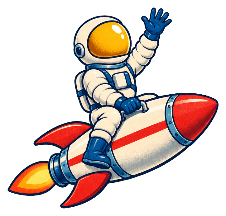 Retro astronaut riding a red and white rocket with a flame trail.