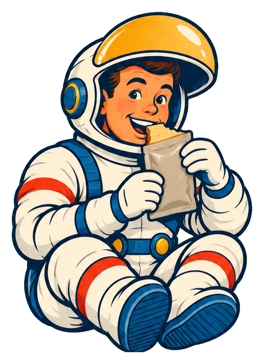 Retro astronaut sitting and eating a snack while holding food in a spacesuit