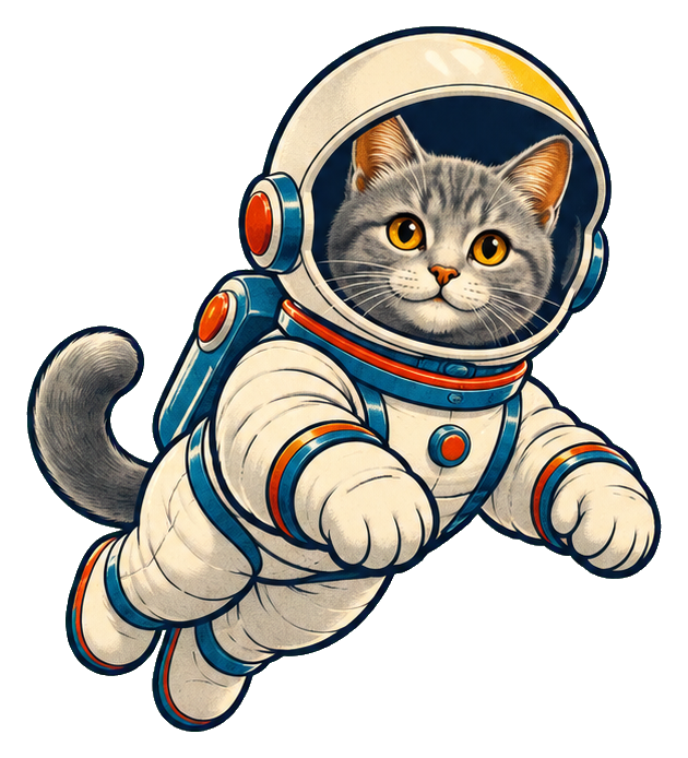 A cartoon cat in an astronaut suit floating in space.