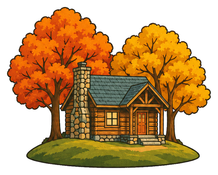 Cozy log cabin with autumn trees and a grassy base