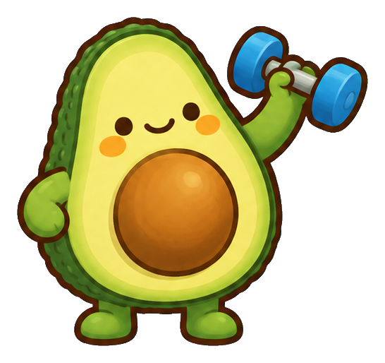 Cute avocado character lifting a blue dumbbell with one arm raised.