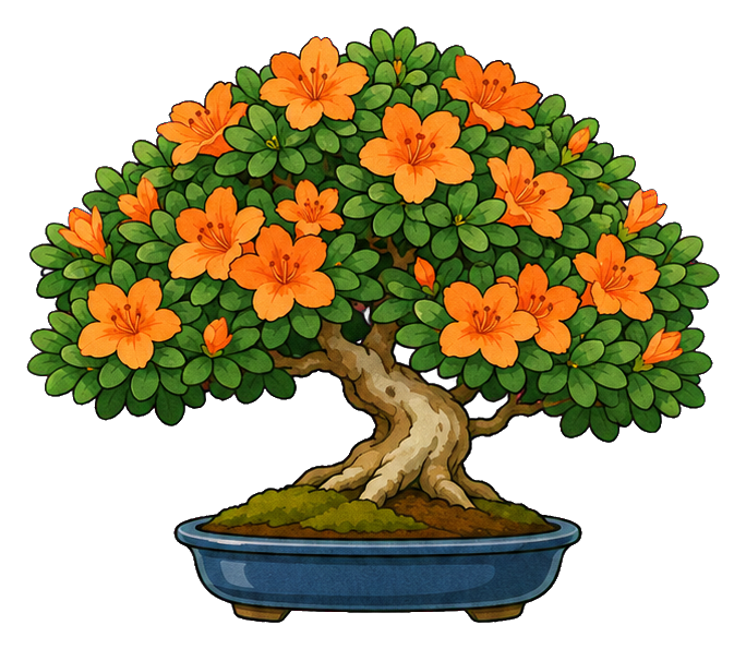Potted bonsai tree with orange azalea flowers and green leaves