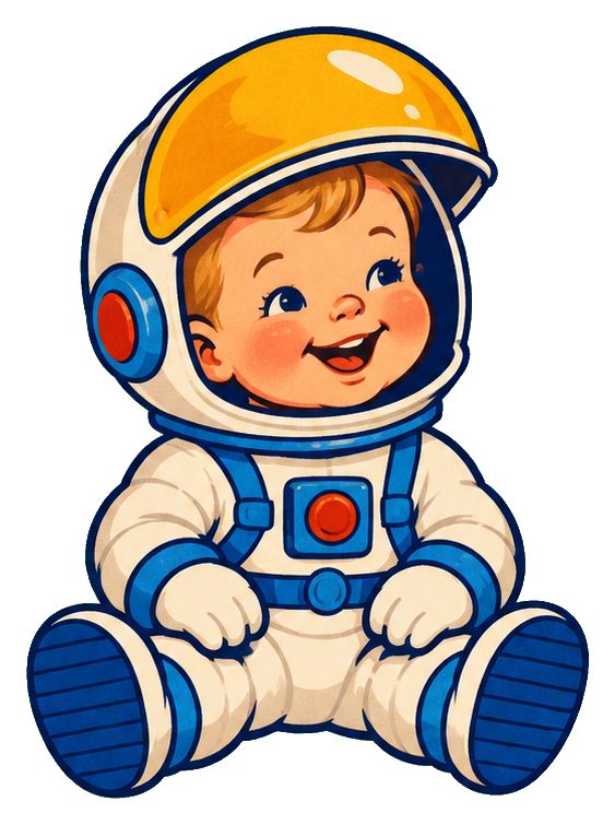 Smiling baby astronaut in a white suit and orange helmet sitting down