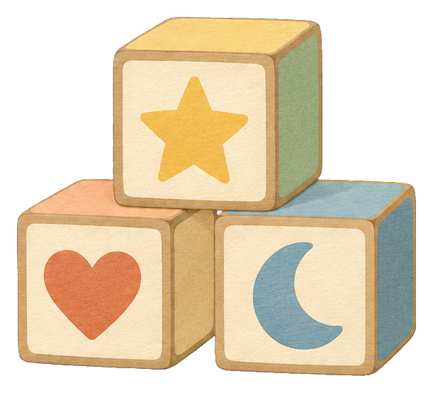 Three stacked baby blocks with a star, heart, and crescent moon