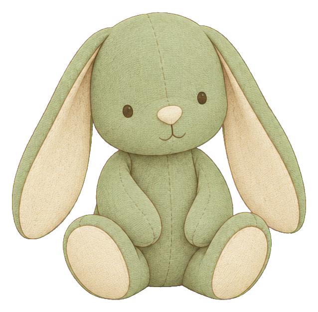 A soft green baby bunny plush with floppy ears sitting upright