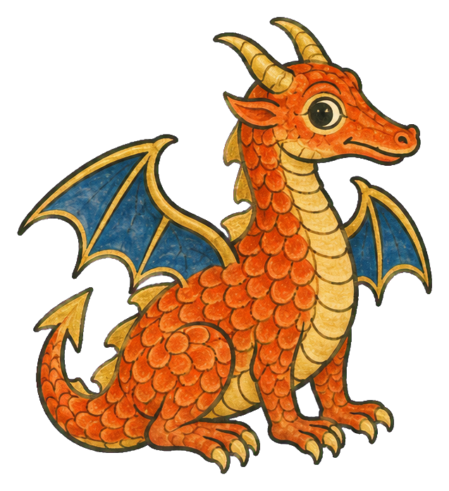 Cute gold baby dragon with wings sitting in profile.