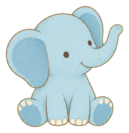 Cute light blue baby elephant sitting with a raised trunk and pink cheeks