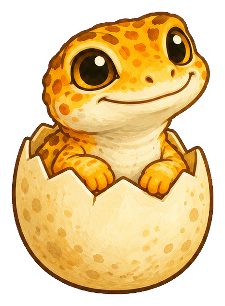 Cute baby gecko sitting in a cracked eggshell with big eyes