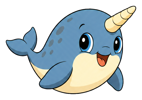 Cute cartoon baby narwhal with a horn, blue body, and smiling face