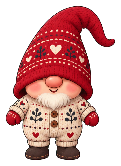Cute baby gnome with a red hat and patterned cream outfit