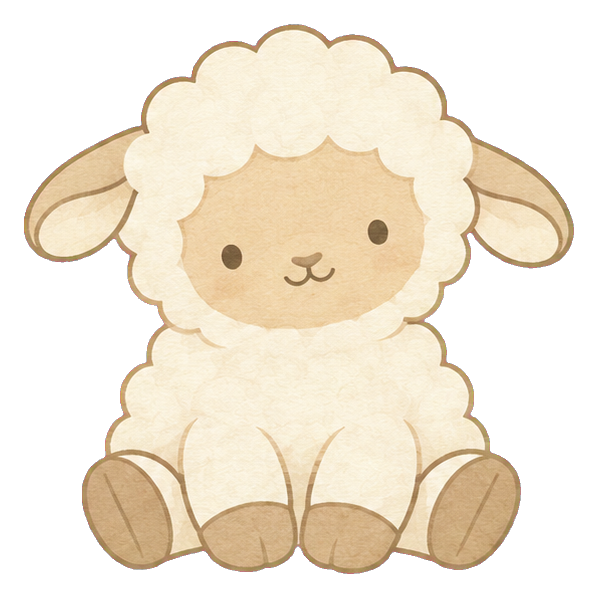 Cute cream-colored little lamb sitting with floppy ears and a soft smiling face.