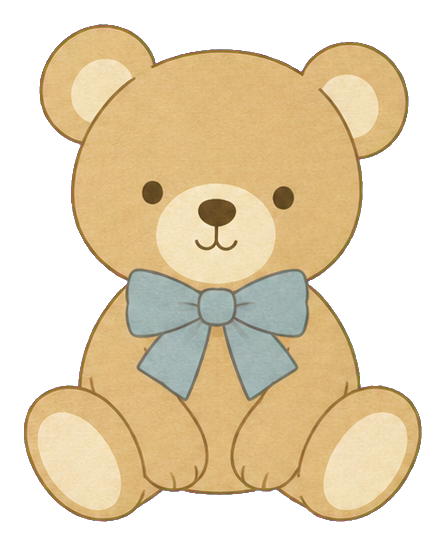 Cute baby teddy bear with a blue bow sitting and facing forward