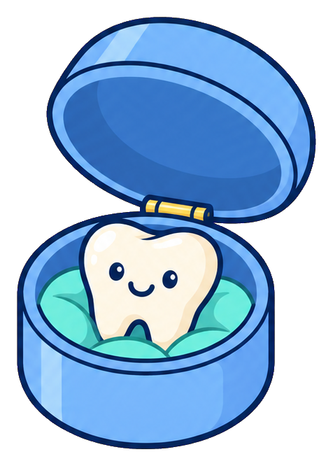 A smiling baby tooth sitting inside an open blue keepsake box sticker with a transparent background.