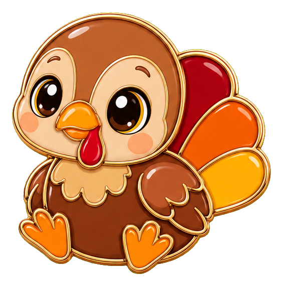 Cute baby turkey chick with big eyes, orange tail feathers, and tiny feet