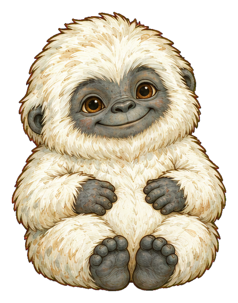 Fluffy baby yeti sitting with paws forward and a small smiling face