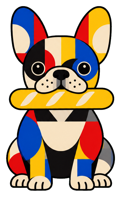 Geometric French bulldog holding a baguette in bold red, blue, yellow, black, and cream shapes.