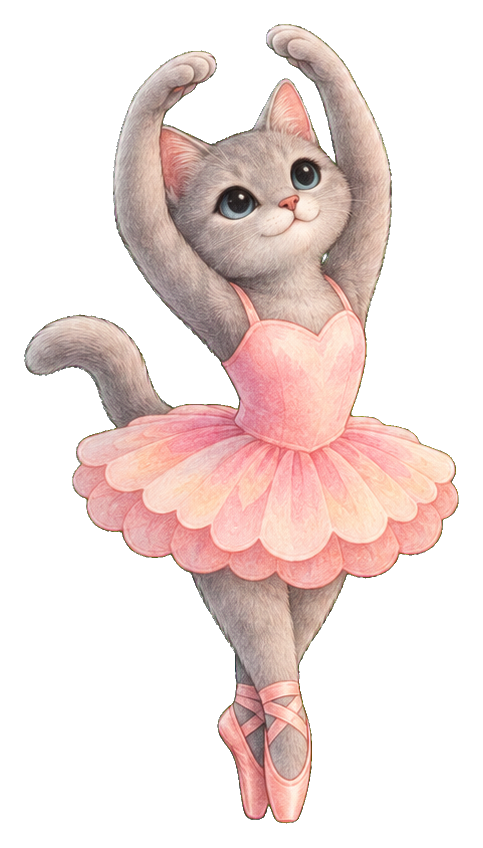 A gray cat in a pink tutu and pointe shoes holding a ballet pose.