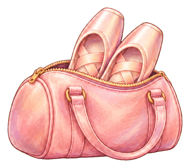Pink ballet duffel bag with pointe shoes sticking out