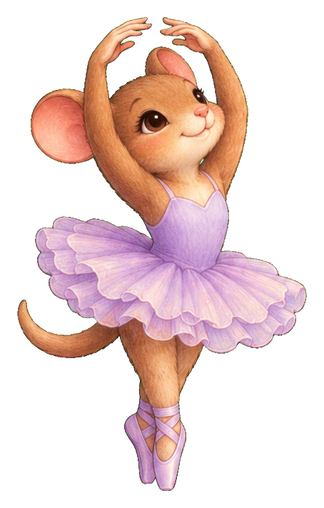 A pastel mouse ballerina wearing a lavender tutu and ballet shoes, posed with raised arms.