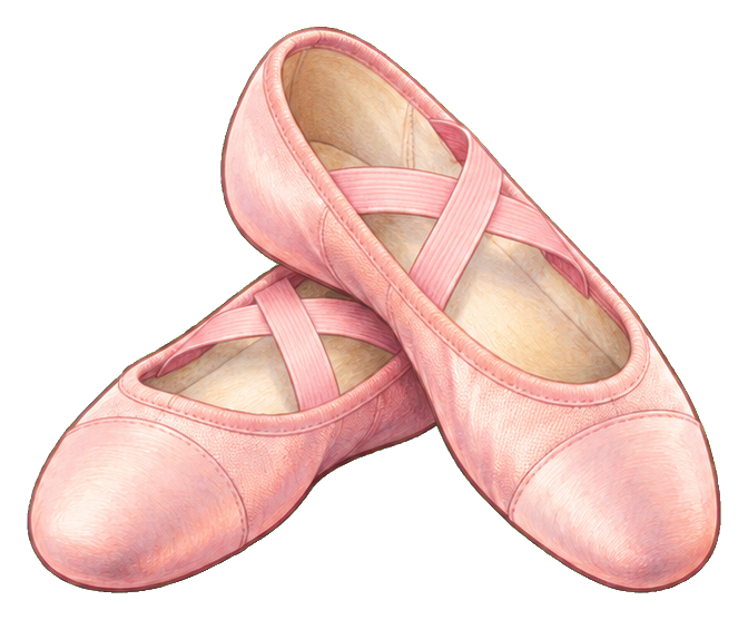 Pink ballet slippers crossed together in a soft pastel sticker style.