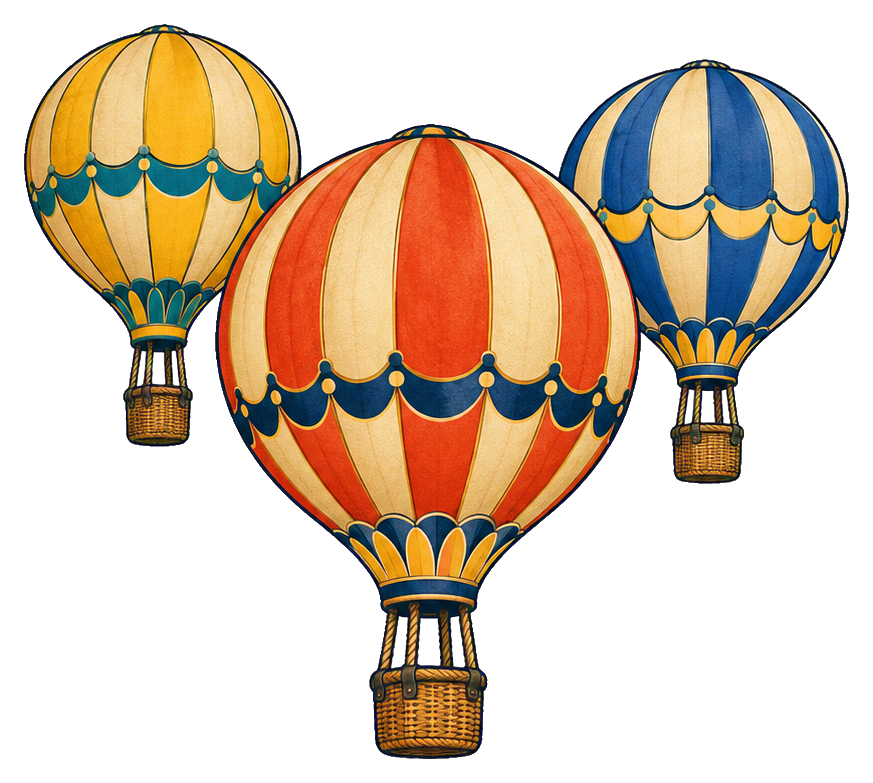 Three vintage hot air balloons with striped canopies and wicker baskets