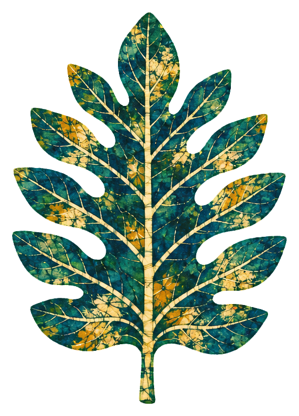 Batik-style breadfruit leaf with teal and gold wax resist pattern on transparent background