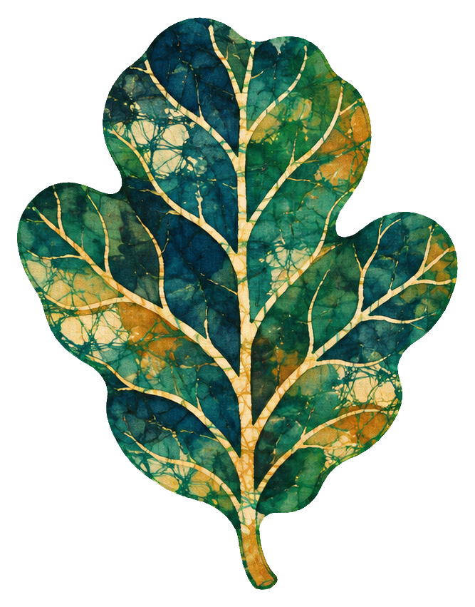 Green batik-style tropical leaf with cream veins and gold marbled accents