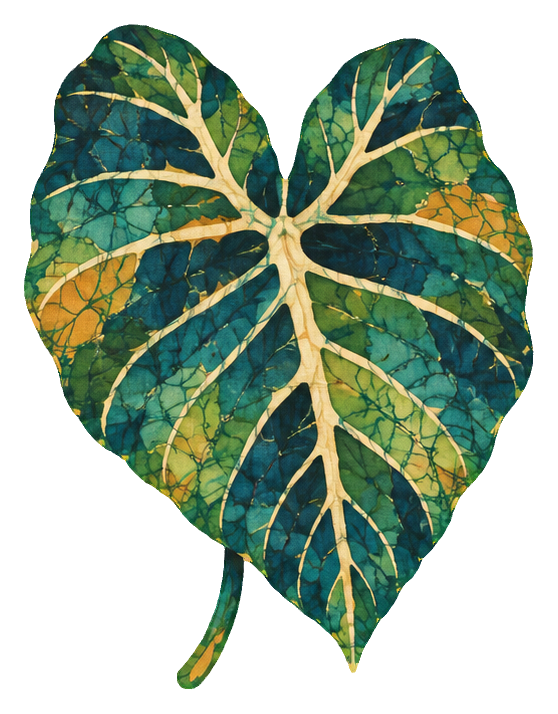 Batik-style tropical elephant ear leaf with green and gold veining