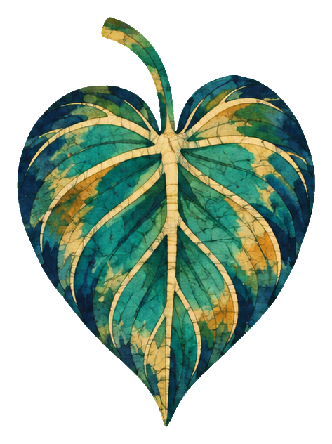 Batik-style tropical philodendron leaf with teal, green, and gold textured veins.