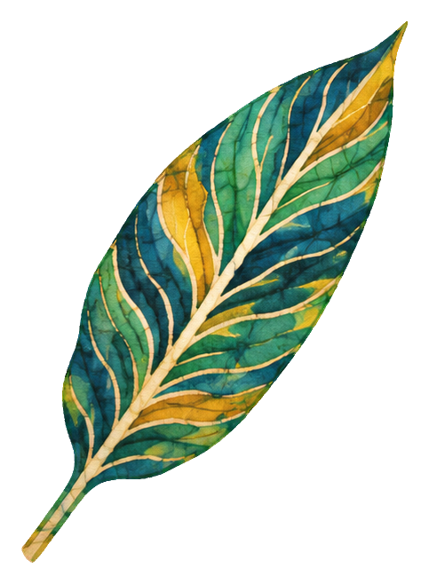 Watercolor-style tropical ti leaf with batik-inspired patterns and a slender stem