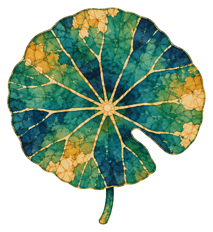 Batik-style tropical leaf sticker with teal, gold, and green wax-resist pattern