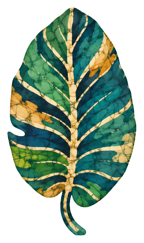 A batik-style tropical leaf with green, teal, and golden wax resist patterning.