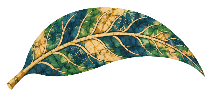 Batik-style tropical mango leaf with blue and gold patterning
