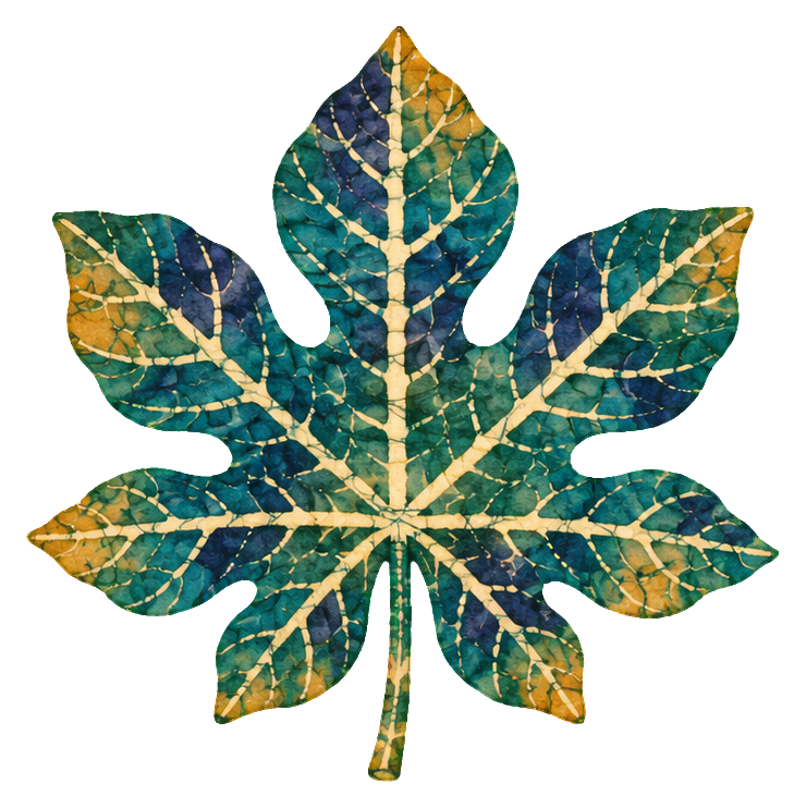 Green and gold batik-style papaya leaf sticker with textured veins and blue accents