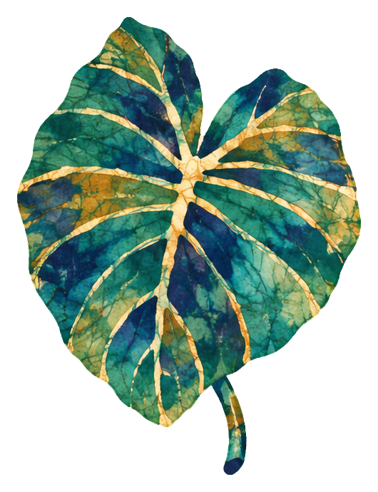 Batik-style tropical taro leaf with green, teal, and gold veining.