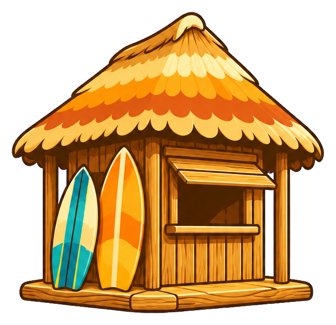 Retro beach hut surf shack with two surfboards leaning beside it