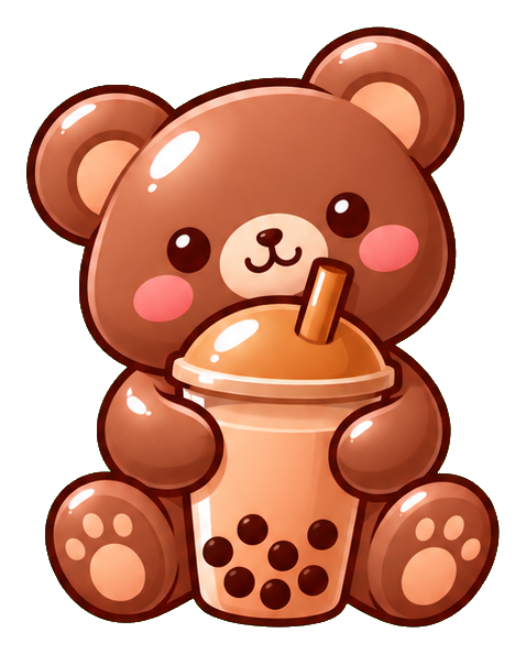 Cute brown bear sitting and holding a cup of boba tea with a straw.