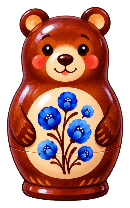 Brown bear matryoshka doll with blue flowers painted on the front